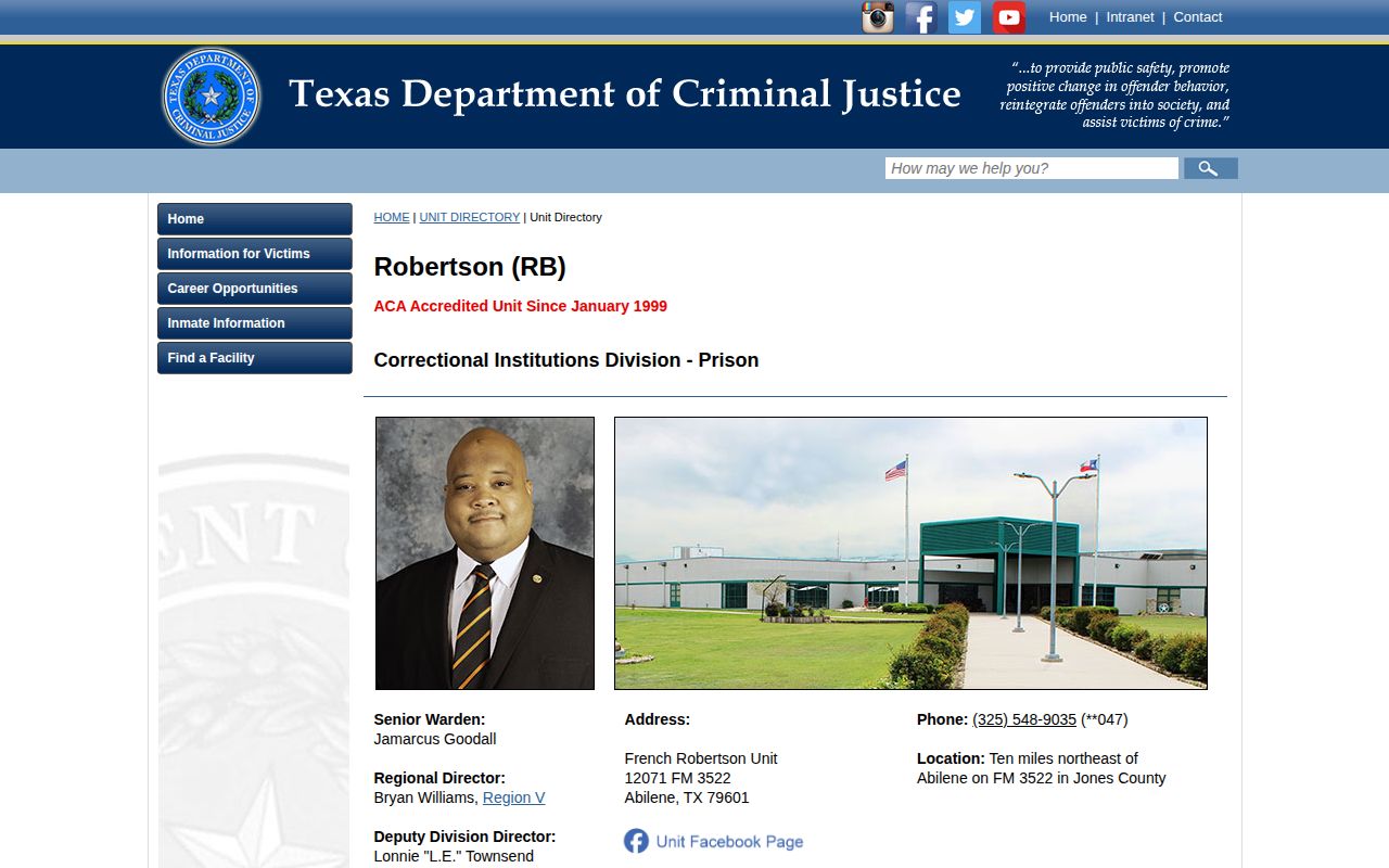 Official TDCJ French Robertson Unit profile showing facility information